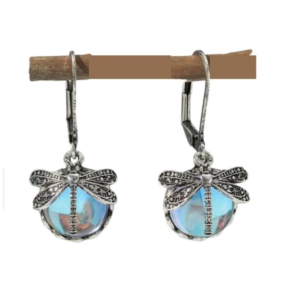 Dragonfly Dangle Earrings With Blue Glass & Silver Tone Finish - Picture 1 of 3